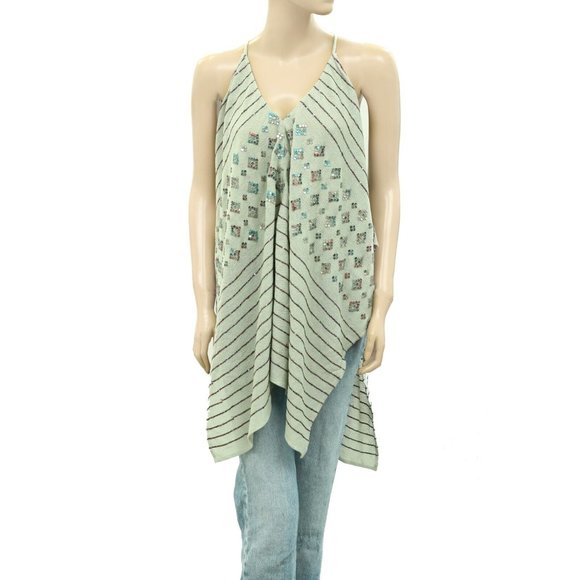 Free People Ibiza Haze Tank Tunic Top Sequin Embellished Hi Low Green XS